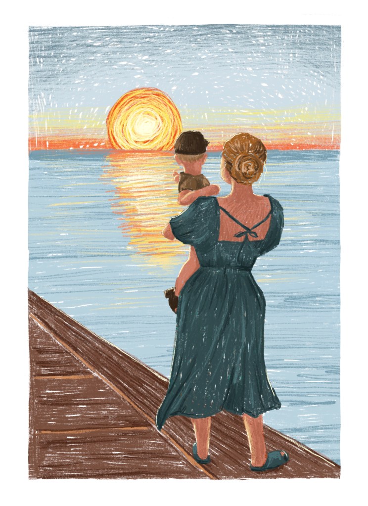 mom and son sundown illustration