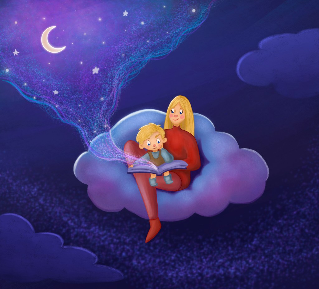 mom and son reading book, illustration, maternity, motherhood, reading books together